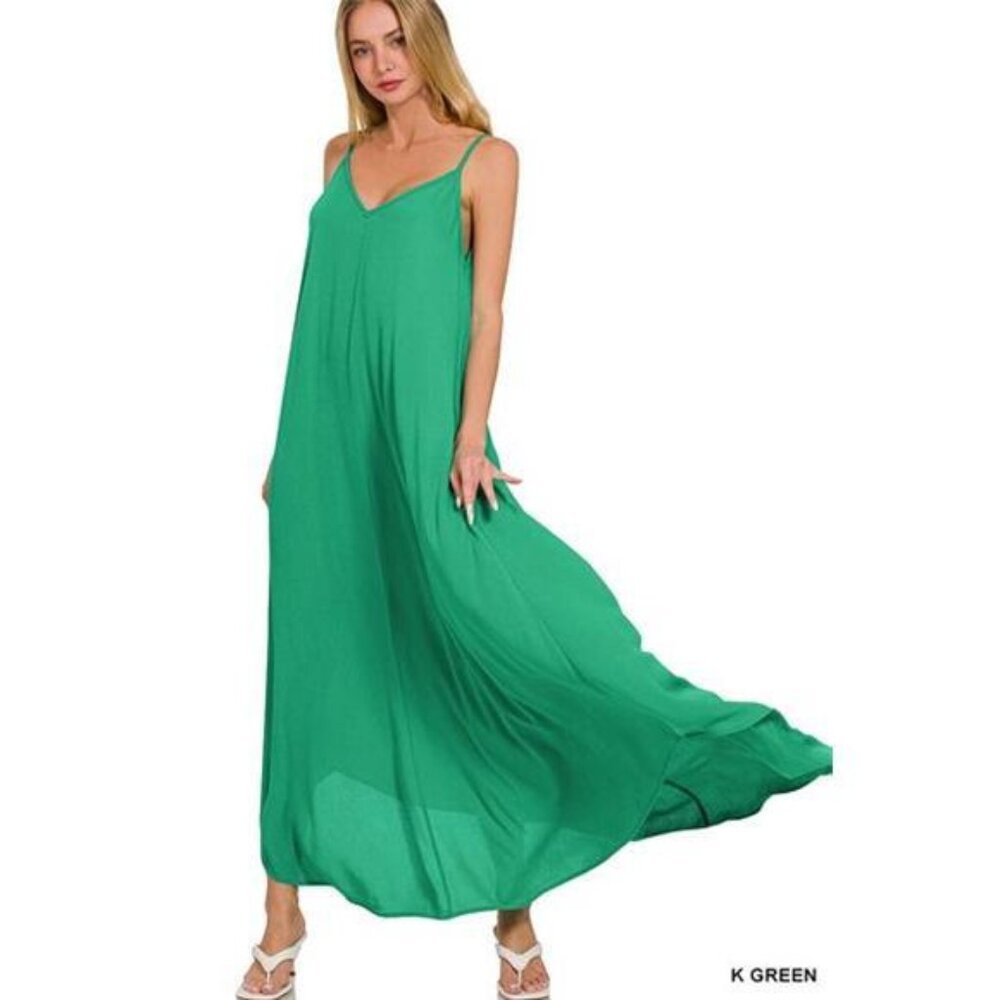 Zenana Woven Crinkle Cami Maxi Dress with Side Pockets